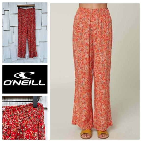 O'Neill Johnny Floral‎ Wide Leg Pants Bittersweet Red Boho Beachwear Size M - Picture 1 of 8
